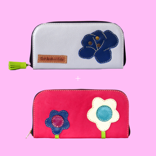 2 BILLETERAS DE CUERO PLATA Y FUCSIA - CARACAS